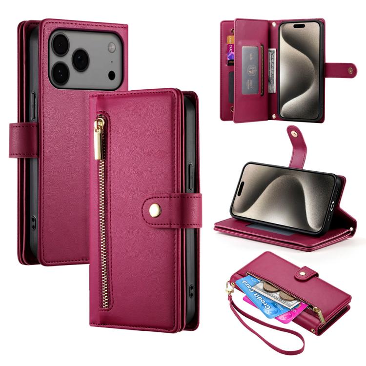 Nine Card-slot Zipper Wallet Bag Leather Phone Case, For iPhone 18 Pro / 17 Pro, For iPhone 18 Pro Max / 17 Pro Max, For iPhone 17e / 16e, For iPhone 17