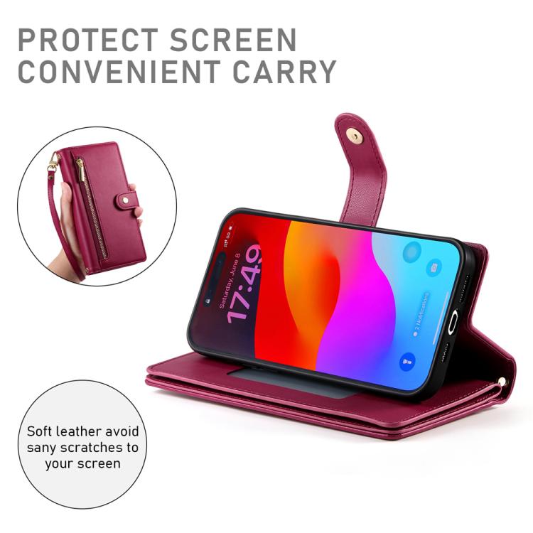 Nine Card-slot Zipper Wallet Bag Leather Phone Case, For iPhone Air, For iPhone 16 Pro Max, For iPhone 16 Pro, For iPhone 16 Plus
