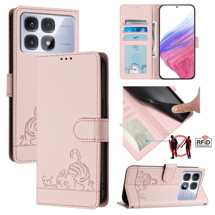 Cat Rat Embossed Pattern RFID Leather Phone Case with Lanyard, For Redmi 14C 4G, For Redmi K70 Ultra 5G Global, For Redmi 13 4G