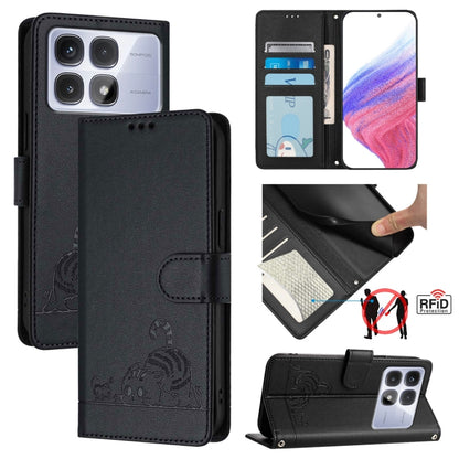 Cat Rat Embossed Pattern RFID Leather Phone Case with Lanyard, For Redmi 14C 4G, For Redmi K70 Ultra 5G Global, For Redmi 13 4G