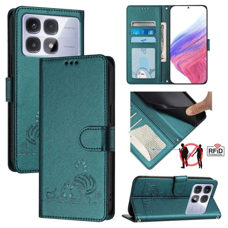 Cat Rat Embossed Pattern RFID Leather Phone Case with Lanyard, For Redmi 14C 4G, For Redmi K70 Ultra 5G Global, For Redmi 13 4G