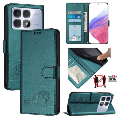 Cat Rat Embossed Pattern RFID Leather Phone Case with Lanyard, For Redmi 14C 4G, For Redmi K70 Ultra 5G Global, For Redmi 13 4G