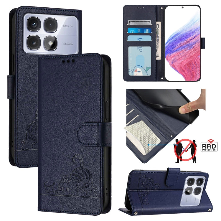 Cat Rat Embossed Pattern RFID Leather Phone Case with Lanyard, For Redmi 14C 4G, For Redmi K70 Ultra 5G Global, For Redmi 13 4G