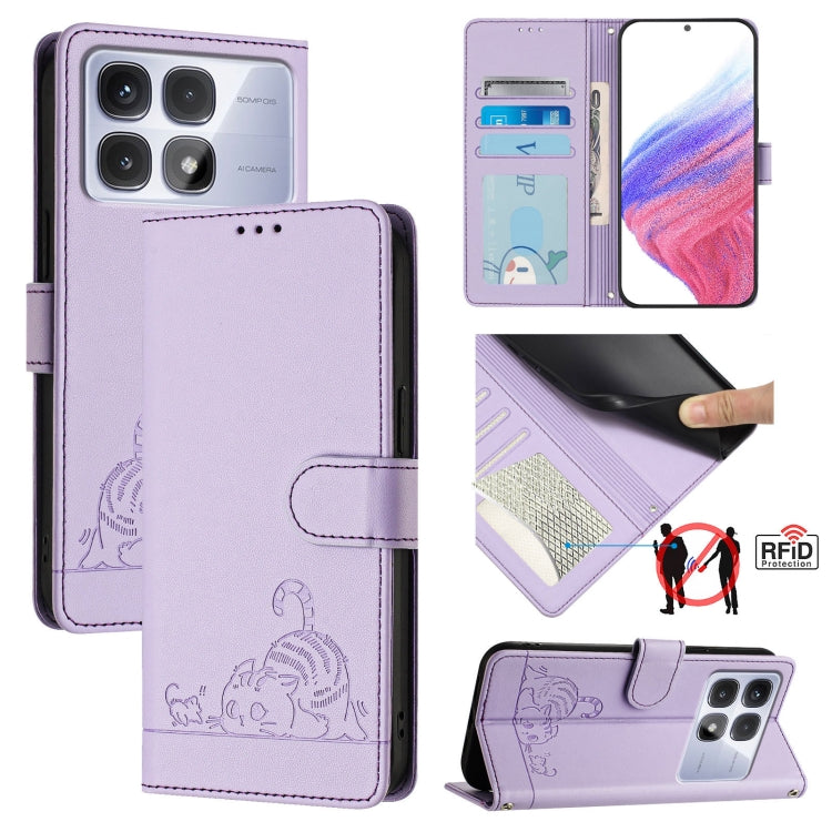 Cat Rat Embossed Pattern RFID Leather Phone Case with Lanyard, For Redmi 14C 4G, For Redmi K70 Ultra 5G Global, For Redmi 13 4G