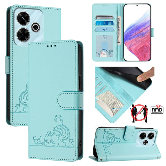Cat Rat Embossed Pattern RFID Leather Phone Case with Lanyard, For Redmi 13 4G