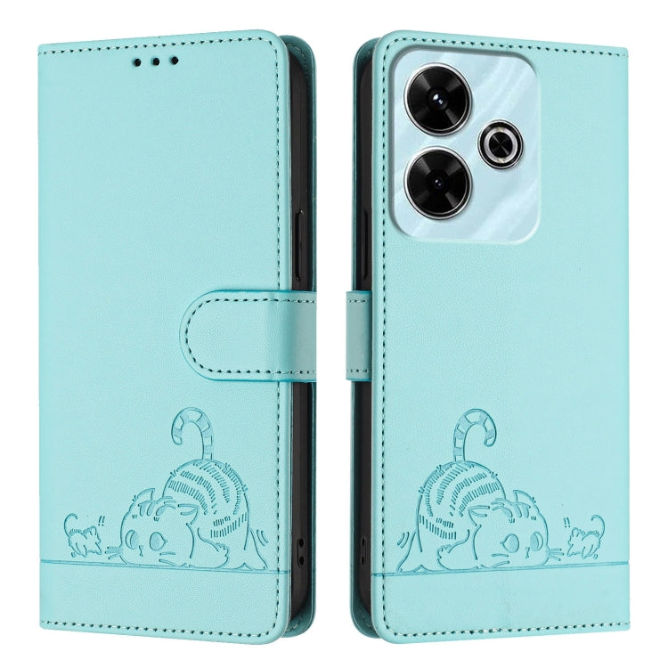 Cat Rat Embossed Pattern RFID Leather Phone Case with Lanyard, For Redmi 13 4G