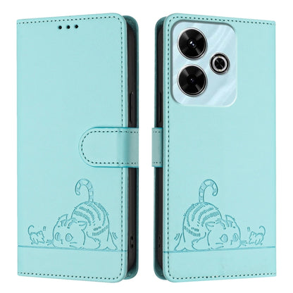 Cat Rat Embossed Pattern RFID Leather Phone Case with Lanyard, For Redmi 13 4G