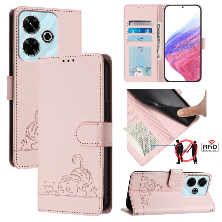 Cat Rat Embossed Pattern RFID Leather Phone Case with Lanyard, For Redmi 14C 4G, For Redmi K70 Ultra 5G Global, For Redmi 13 4G