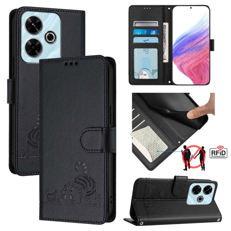 Cat Rat Embossed Pattern RFID Leather Phone Case with Lanyard, For Redmi 14C 4G, For Redmi K70 Ultra 5G Global, For Redmi 13 4G
