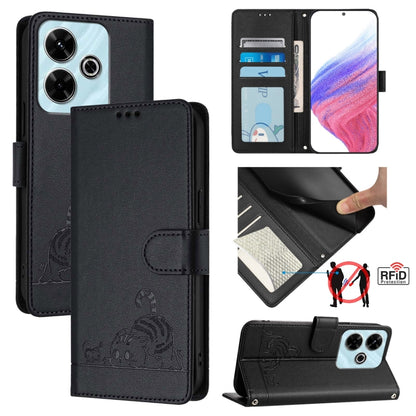 Cat Rat Embossed Pattern RFID Leather Phone Case with Lanyard, For Redmi 14C 4G, For Redmi K70 Ultra 5G Global, For Redmi 13 4G