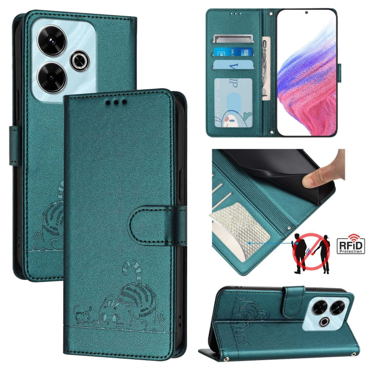 Cat Rat Embossed Pattern RFID Leather Phone Case with Lanyard, For Redmi 14C 4G, For Redmi K70 Ultra 5G Global, For Redmi 13 4G