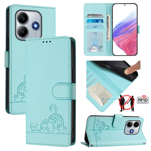 Cat Rat Embossed Pattern RFID Leather Phone Case with Lanyard, For Redmi Note 14 5G, For Redmi Note 14 Pro 5G, For Redmi 14C 4G, For Redmi K70 Ultra 5G Global