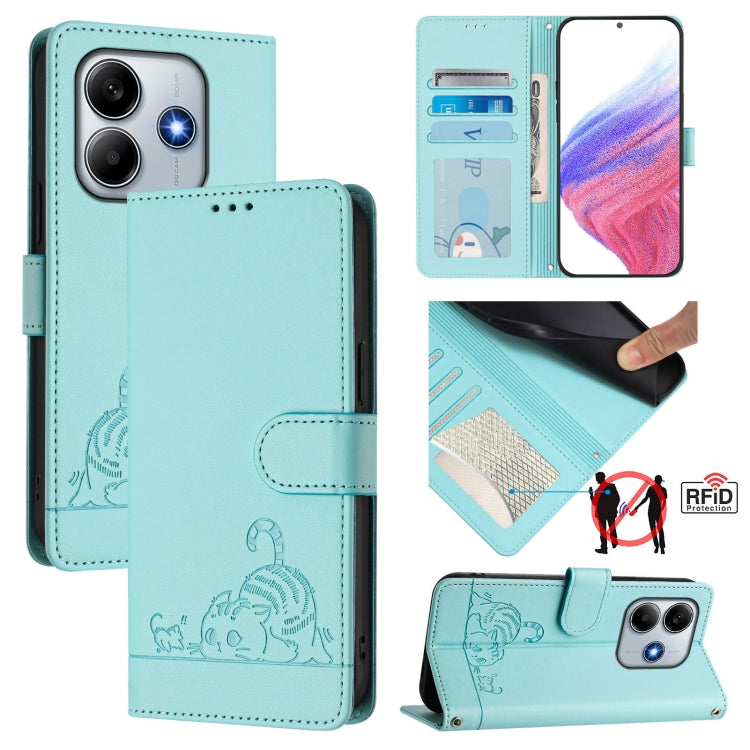 Cat Rat Embossed Pattern RFID Leather Phone Case with Lanyard, For Redmi Note 14 4G 164.84mm, For Redmi K80 5G / K80 Pro 5G, For Redmi Note 14 5G, For Redmi Note 14 Pro 5G