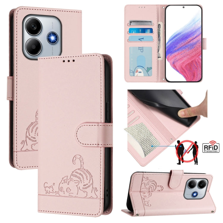 Cat Rat Embossed Pattern RFID Leather Phone Case with Lanyard, For Redmi Note 14 5G, For Redmi Note 14 Pro 5G, For Redmi 14C 4G, For Redmi K70 Ultra 5G Global