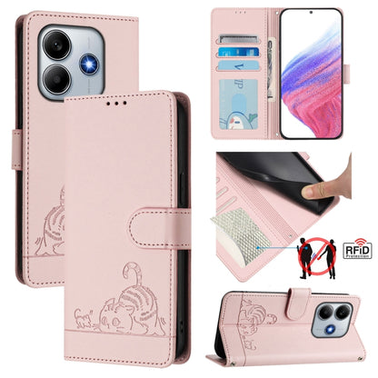 Cat Rat Embossed Pattern RFID Leather Phone Case with Lanyard, For Redmi Note 14 5G, For Redmi Note 14 Pro 5G, For Redmi 14C 4G, For Redmi K70 Ultra 5G Global