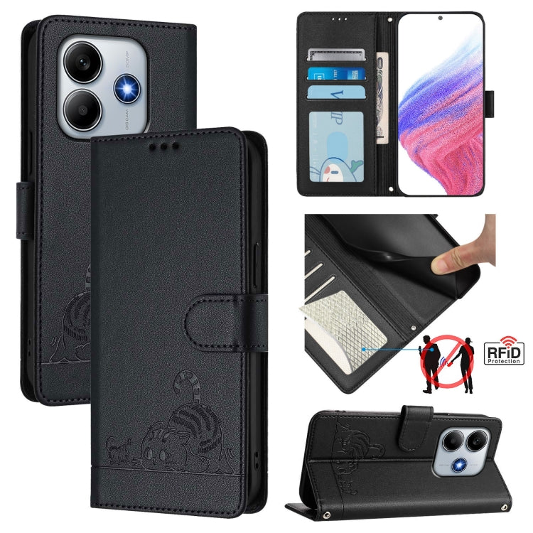 Cat Rat Embossed Pattern RFID Leather Phone Case with Lanyard, For Redmi Note 14 5G, For Redmi Note 14 Pro 5G, For Redmi 14C 4G, For Redmi K70 Ultra 5G Global