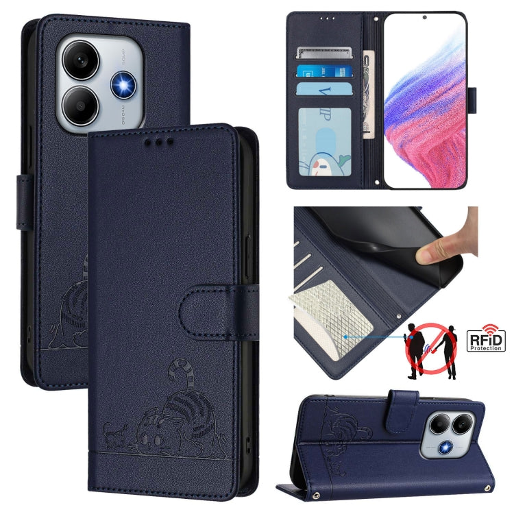 Cat Rat Embossed Pattern RFID Leather Phone Case with Lanyard, For Redmi Note 14 5G, For Redmi Note 14 Pro 5G, For Redmi 14C 4G, For Redmi K70 Ultra 5G Global