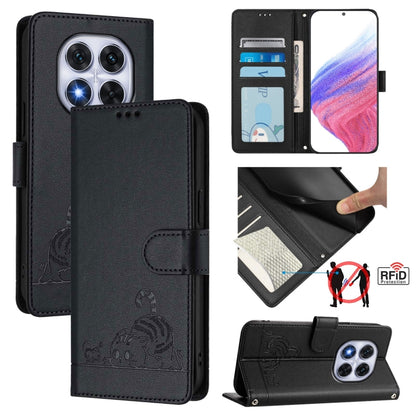 Cat Rat Embossed Pattern RFID Leather Phone Case with Lanyard, For Redmi Note 14 5G, For Redmi Note 14 Pro 5G, For Redmi 14C 4G, For Redmi K70 Ultra 5G Global