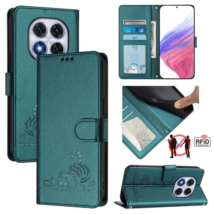 Cat Rat Embossed Pattern RFID Leather Phone Case with Lanyard, For Redmi Note 14 5G, For Redmi Note 14 Pro 5G, For Redmi 14C 4G, For Redmi K70 Ultra 5G Global