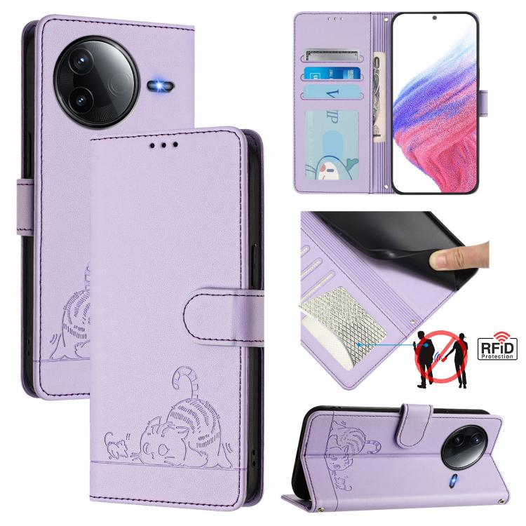 Cat Rat Embossed Pattern RFID Leather Phone Case with Lanyard, For Redmi Note 14 4G 164.84mm, For Redmi K80 5G / K80 Pro 5G, For Redmi Note 14 5G, For Redmi Note 14 Pro 5G