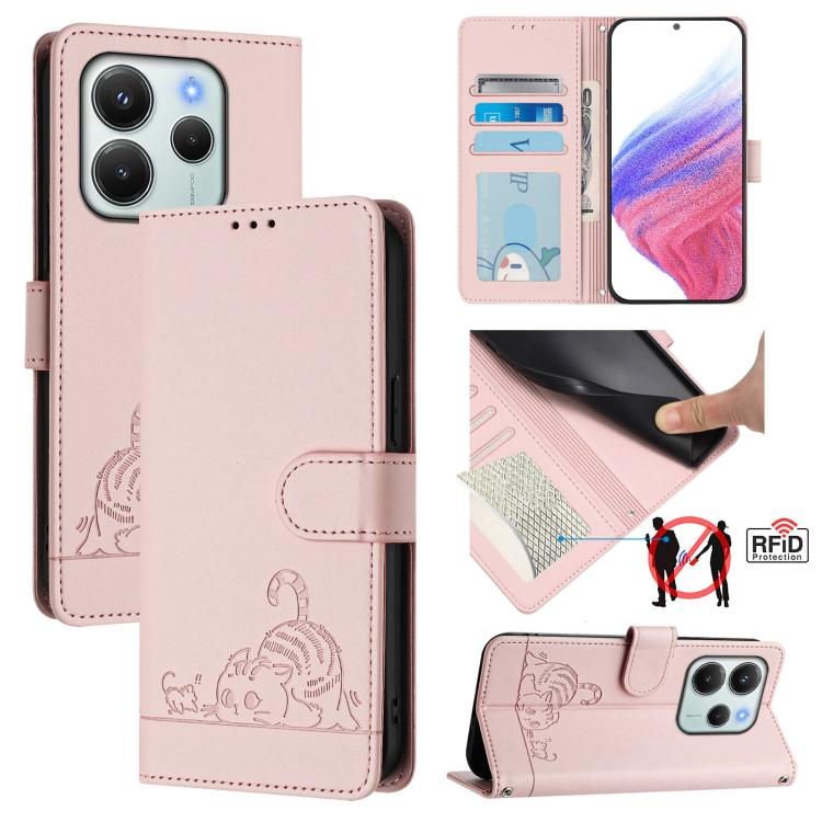 Cat Rat Embossed Pattern RFID Leather Phone Case with Lanyard, For Redmi Note 14 4G 164.84mm, For Redmi K80 5G / K80 Pro 5G, For Redmi Note 14 5G, For Redmi Note 14 Pro 5G
