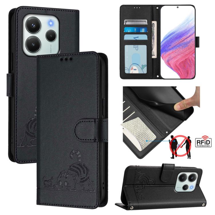 Cat Rat Embossed Pattern RFID Leather Phone Case with Lanyard, For Redmi Note 14 4G 164.84mm, For Redmi K80 5G / K80 Pro 5G, For Redmi Note 14 5G, For Redmi Note 14 Pro 5G