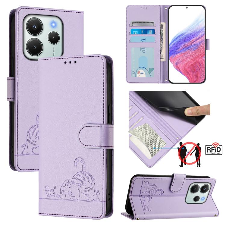 Cat Rat Embossed Pattern RFID Leather Phone Case with Lanyard, For Redmi Note 14 4G 164.84mm, For Redmi K80 5G / K80 Pro 5G, For Redmi Note 14 5G, For Redmi Note 14 Pro 5G