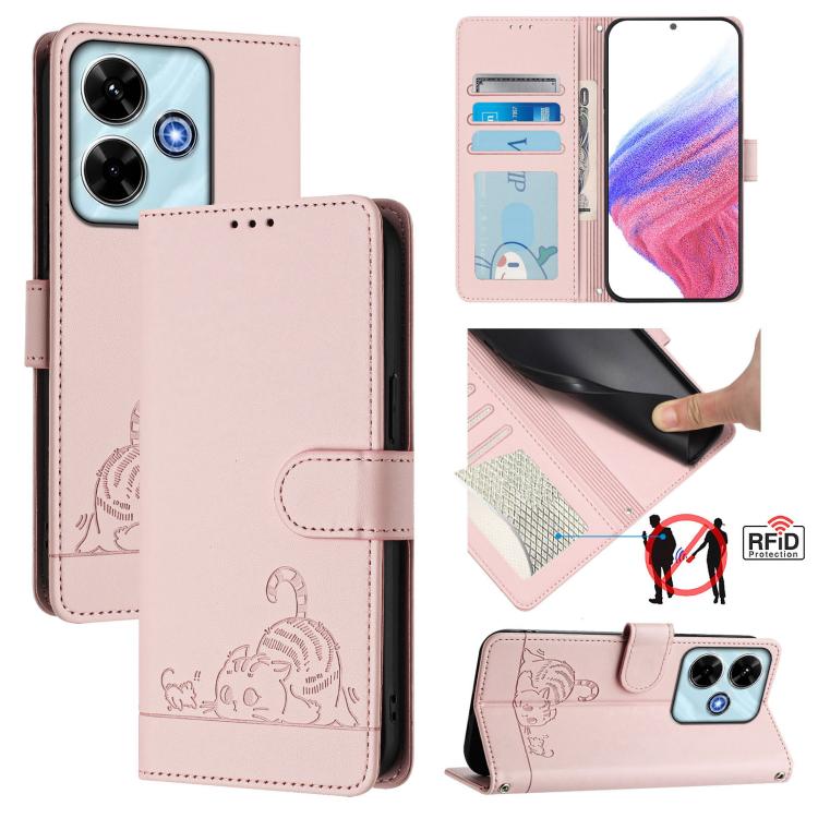 Cat Rat Embossed Pattern RFID Leather Phone Case with Lanyard, For Redmi 15 5G / 4G EU 171mm, For Redmi 13x 4G / 13 4G Global, For Redmi A5 4G 171.7mm / Poco C71, For Redmi K80 / K80 Pro
