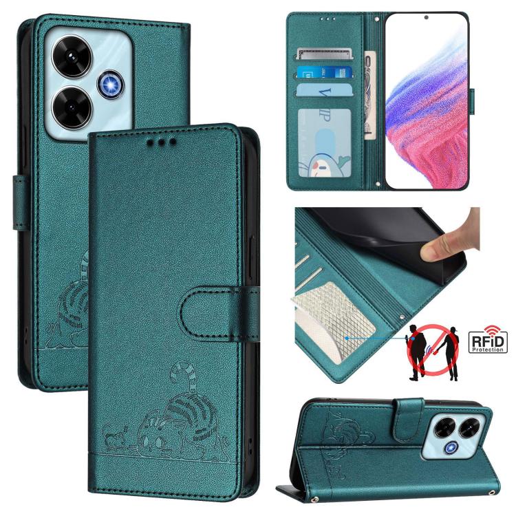 Cat Rat Embossed Pattern RFID Leather Phone Case with Lanyard, For Redmi 15 5G / 4G EU 171mm, For Redmi 13x 4G / 13 4G Global, For Redmi A5 4G 171.7mm / Poco C71, For Redmi K80 / K80 Pro