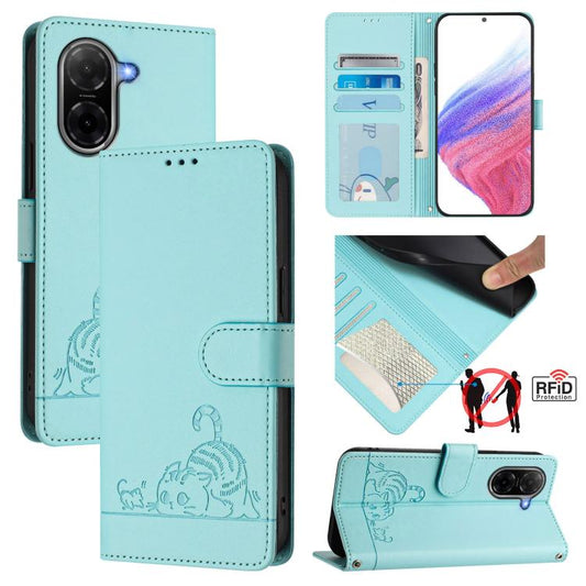Cat Rat Embossed Pattern RFID Leather Phone Case with Lanyard, For Redmi A5 4G 171.7mm / Poco C71, For Redmi K80 / K80 Pro, For Redmi Note 14 4G 164.84mm, For Redmi K80 5G / K80 Pro 5G