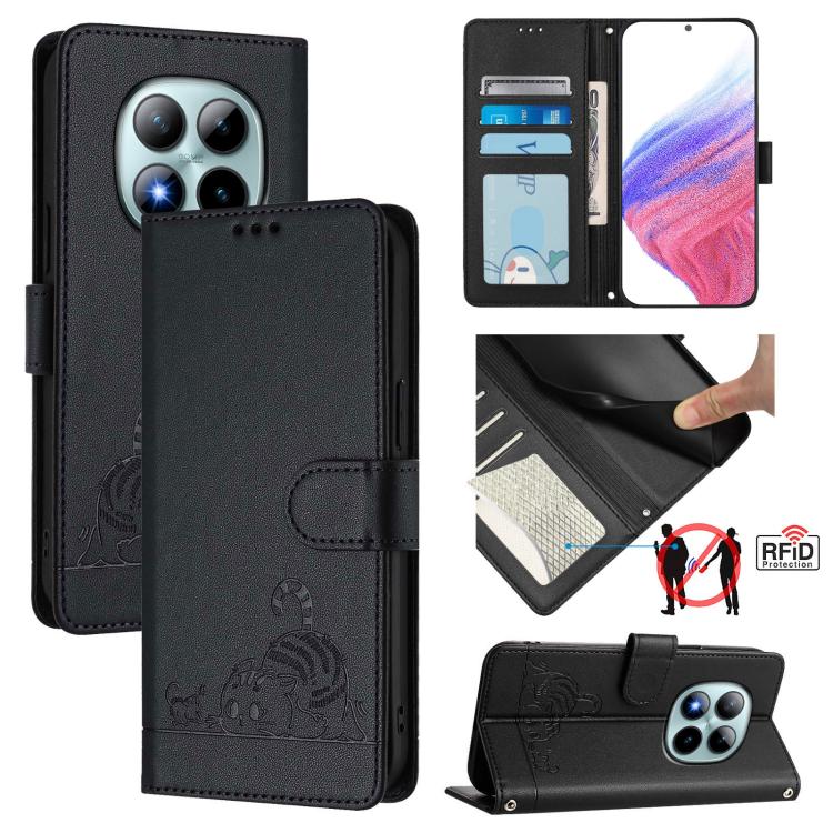 Cat Rat Embossed Pattern RFID Leather Phone Case with Lanyard, For Redmi Note 15 Pro+ 5G Global 163.3mm, For Redmi Note 15 4G / 5G Global 164mm, For Redmi Note 15 Pro 5G Global 163.6mm, For Redmi 15 5G Global / 15 4G SEA
