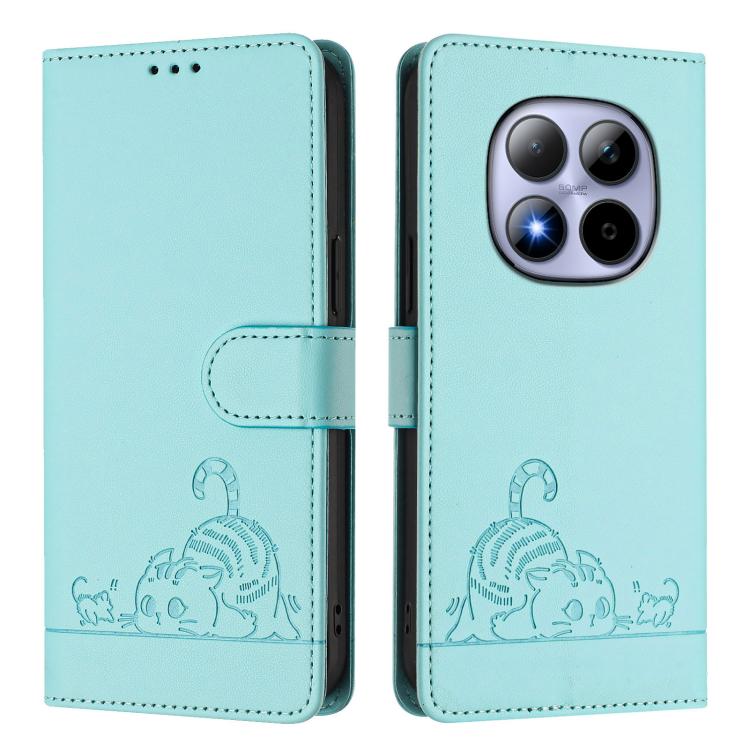 Cat Rat Embossed Pattern RFID Leather Phone Case with Lanyard, For Redmi Note 15 Pro 5G Global 163.6mm, For Redmi 15 5G Global / 15 4G SEA, For Redmi 15 5G / 4G EU 171mm, For Redmi 13x 4G / 13 4G Global