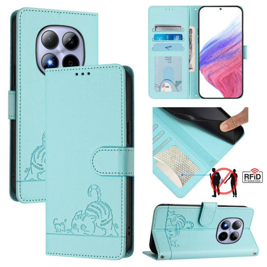 Cat Rat Embossed Pattern RFID Leather Phone Case with Lanyard, For Redmi Note 15 Pro 5G Global 163.6mm, For Redmi 15 5G Global / 15 4G SEA, For Redmi 15 5G / 4G EU 171mm, For Redmi 13x 4G / 13 4G Global