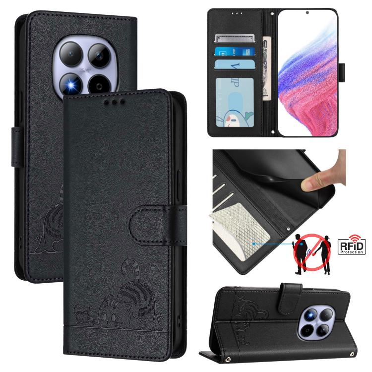 Cat Rat Embossed Pattern RFID Leather Phone Case with Lanyard, For Redmi Note 15 Pro 5G Global 163.6mm, For Redmi 15 5G Global / 15 4G SEA, For Redmi 15 5G / 4G EU 171mm, For Redmi 13x 4G / 13 4G Global