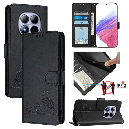 Cat Rat Embossed Pattern RFID Leather Phone Case with Lanyard, For Redmi Note 15 Pro 5G Global 163.6mm, For Redmi 15 5G Global / 15 4G SEA, For Redmi 15 5G / 4G EU 171mm, For Redmi 13x 4G / 13 4G Global