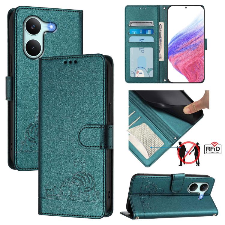 Cat Rat Embossed Pattern RFID Leather Phone Case with Lanyard, For Redmi A7 Pro 171mm / Poco C85x 5G, For Redmi 15a 5G Global, For Redmi Turbo 5 Max / Poco X8 Pro Max, For Redmi Turbo 5 5G / Poco X8 Pro 5G