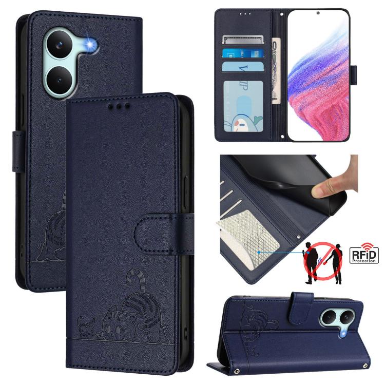 Cat Rat Embossed Pattern RFID Leather Phone Case with Lanyard, For Redmi A7 Pro 171mm / Poco C85x 5G, For Redmi 15a 5G Global, For Redmi Turbo 5 Max / Poco X8 Pro Max, For Redmi Turbo 5 5G / Poco X8 Pro 5G