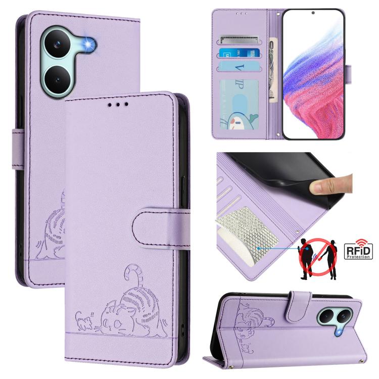 Cat Rat Embossed Pattern RFID Leather Phone Case with Lanyard, For Redmi A7 Pro 171mm / Poco C85x 5G, For Redmi 15a 5G Global, For Redmi Turbo 5 Max / Poco X8 Pro Max, For Redmi Turbo 5 5G / Poco X8 Pro 5G
