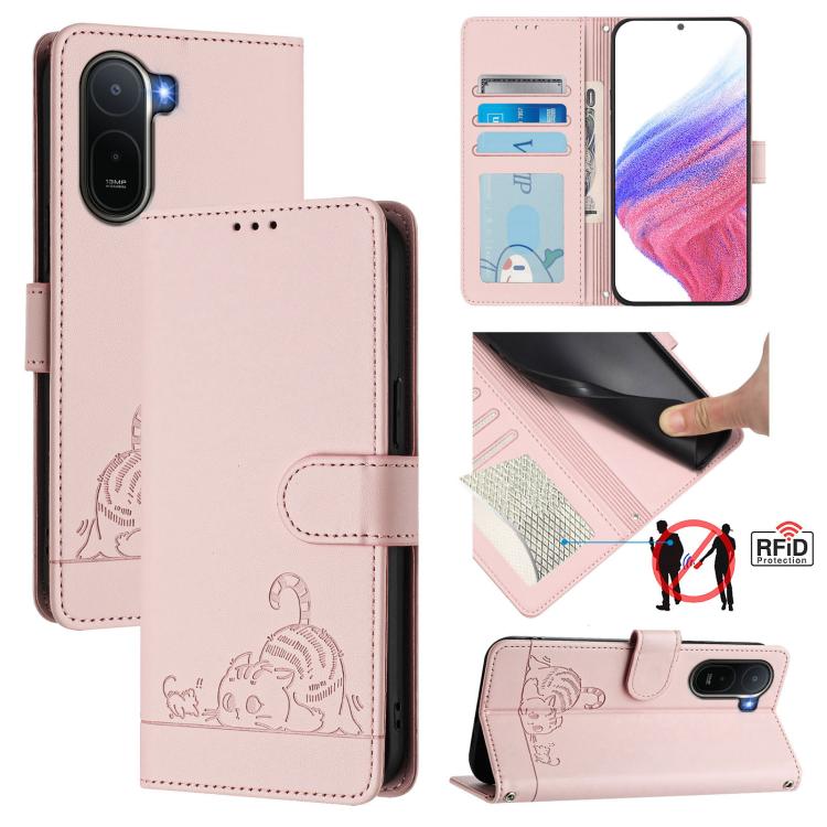 Cat Rat Embossed Pattern RFID Leather Phone Case with Lanyard, For Redmi A7 Pro 171mm / Poco C85x 5G, For Redmi 15a 5G Global, For Redmi Turbo 5 Max / Poco X8 Pro Max, For Redmi Turbo 5 5G / Poco X8 Pro 5G