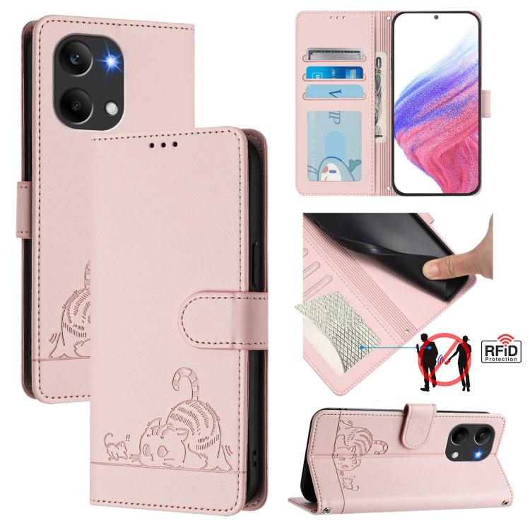 Cat Rat Embossed Pattern RFID Leather Phone Case with Lanyard, For Redmi A7 Pro 171mm / Poco C85x 5G, For Redmi 15a 5G Global, For Redmi Turbo 5 Max / Poco X8 Pro Max, For Redmi Turbo 5 5G / Poco X8 Pro 5G