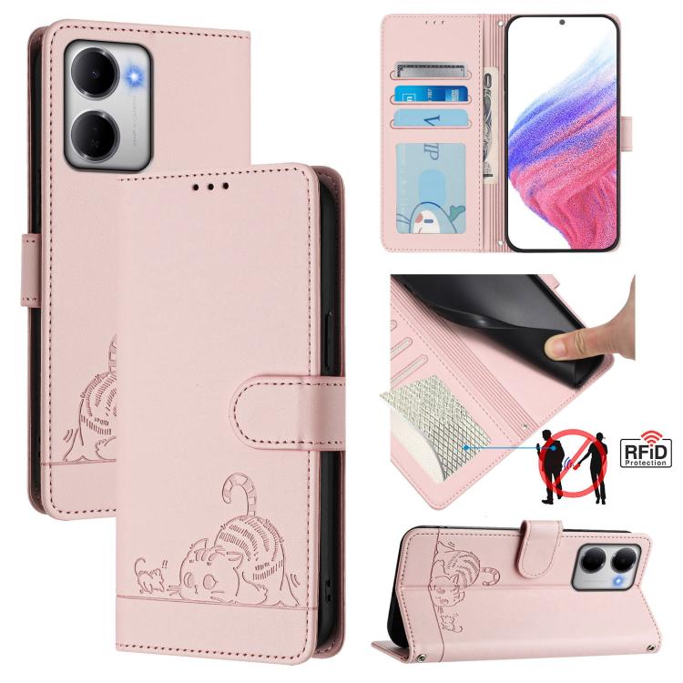 Cat Rat Embossed Pattern RFID Leather Phone Case with Lanyard, For Redmi A7 Pro 171mm / Poco C85x 5G, For Redmi 15a 5G Global, For Redmi Turbo 5 Max / Poco X8 Pro Max, For Redmi Turbo 5 5G / Poco X8 Pro 5G