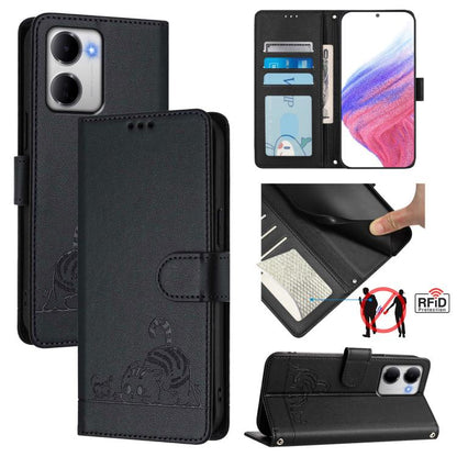 Cat Rat Embossed Pattern RFID Leather Phone Case with Lanyard, For Redmi A7 Pro 171mm / Poco C85x 5G, For Redmi 15a 5G Global, For Redmi Turbo 5 Max / Poco X8 Pro Max, For Redmi Turbo 5 5G / Poco X8 Pro 5G
