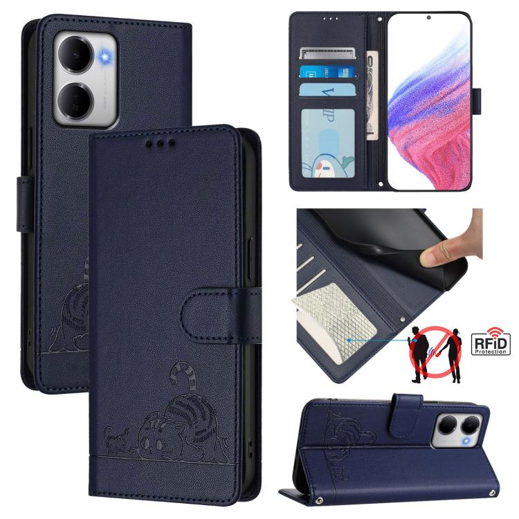 Cat Rat Embossed Pattern RFID Leather Phone Case with Lanyard, For Redmi A7 Pro 171mm / Poco C85x 5G, For Redmi 15a 5G Global, For Redmi Turbo 5 Max / Poco X8 Pro Max, For Redmi Turbo 5 5G / Poco X8 Pro 5G