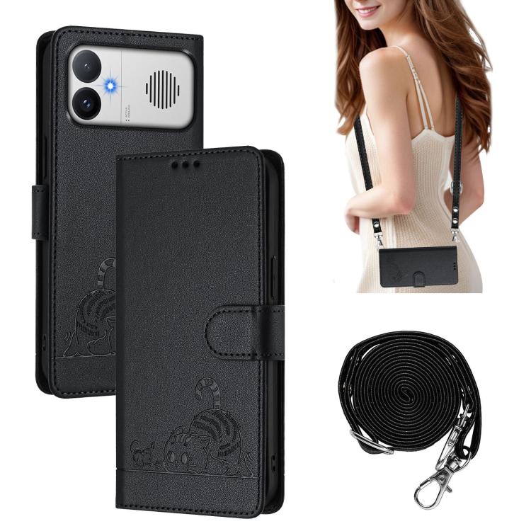 Cat Rat Embossed Pattern RFID Leather Phone Case with Lanyard, For Redmi K90 Max 5G, For Redmi A7 Pro 171mm / Poco C85x 5G, For Redmi 15a 5G Global, For Redmi A5 4G 171.7mm / Poco C71 4G