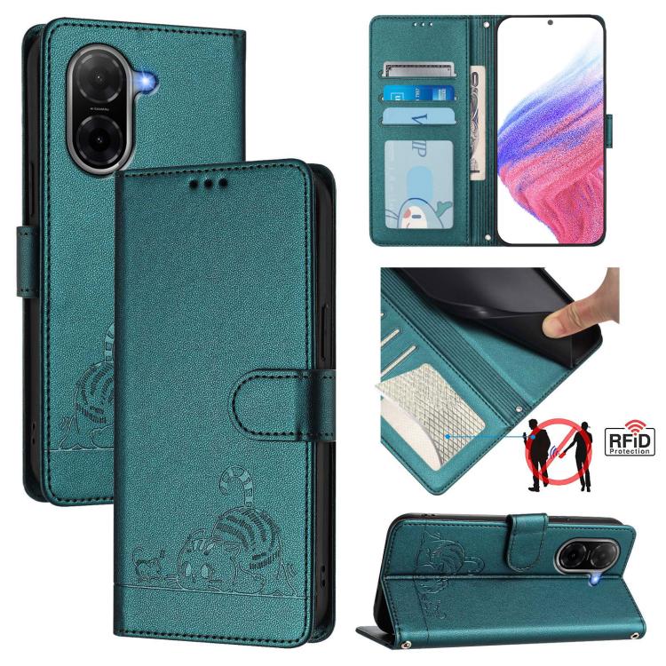 Cat Rat Embossed Pattern RFID Leather Phone Case with Lanyard, For Redmi K90 Max 5G, For Redmi A7 Pro 171mm / Poco C85x 5G, For Redmi 15a 5G Global, For Redmi A5 4G 171.7mm / Poco C71 4G