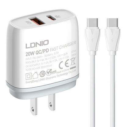 LDNIO Q229 QC3.0 / PD20W USB + Type-C Fast Charger with 1m Type-C to Type-C Cable, EU Plug, UK Plug, US Plug