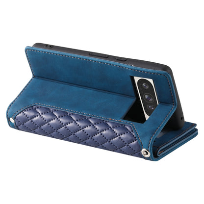 Grid Texture Zipper Leather Phone Case with Lanyard