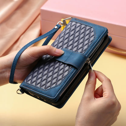 Grid Texture Zipper Leather Phone Case with Lanyard
