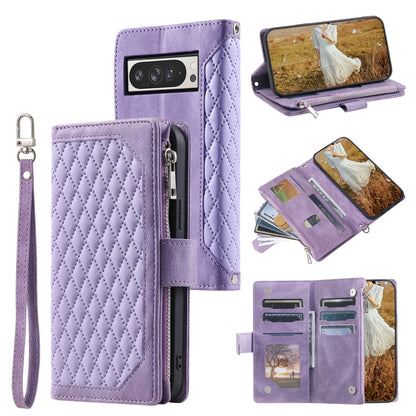 Grid Texture Zipper Leather Phone Case with Lanyard