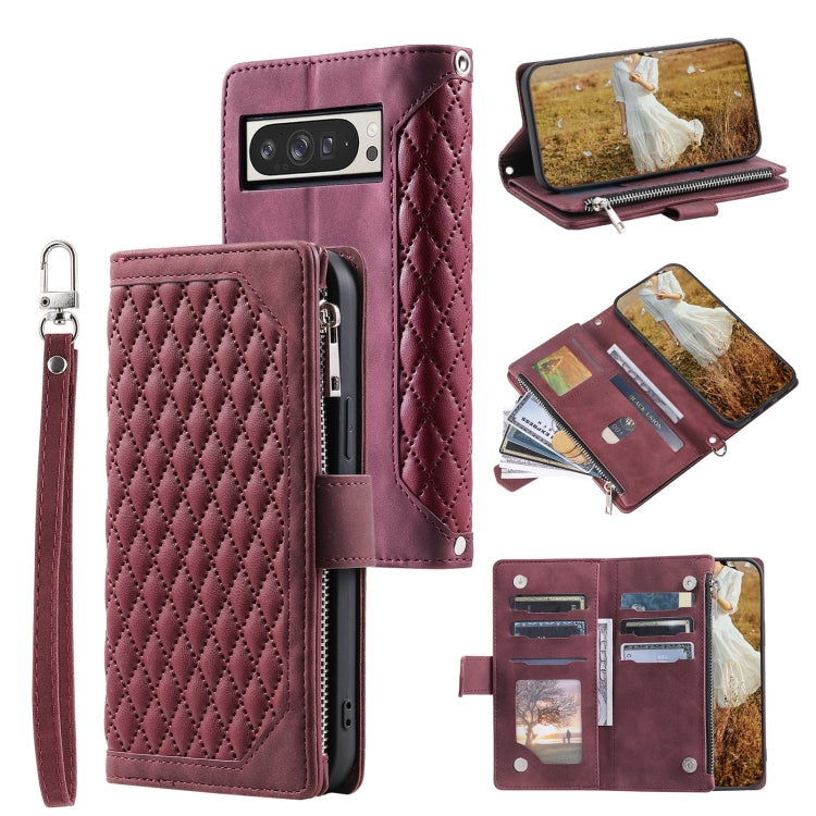 Grid Texture Zipper Leather Phone Case with Lanyard